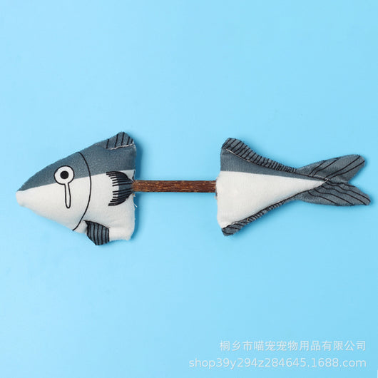 Gray and white plush catnip fish molar rod toy with a brown stick, designed for cats to chew and play. - Image 6