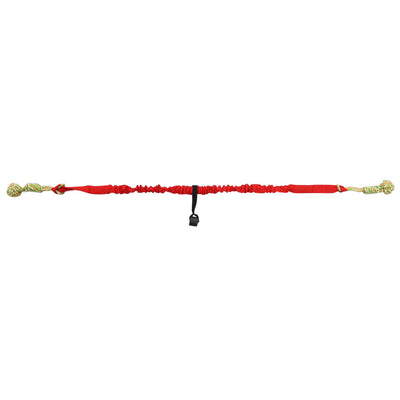 Grey elastic dog tug-of-war rope with two colorful knotted cotton rope ends and a black suction cup. - Image 9
