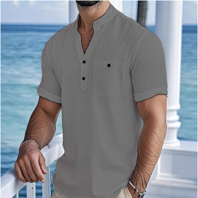 Camisa de Lino con Cuello Mao Manga Corta para Hombre - Image 12