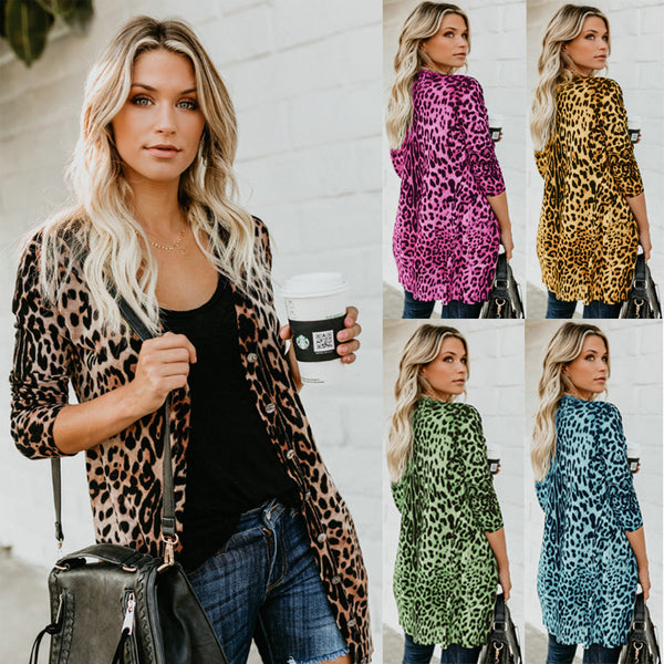 Chaqueta Leopardo Escote V Manga Larga con Botones