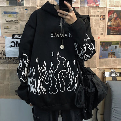 Sudadera Oversized Hip-Hop Retro con Estampado de Llamas y Forro Polar - Image 3