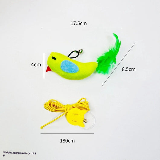 Plush bird cat toy with orange chest, brown body, and real speckled feathers, includes a yellow hanging rope. - Image 10