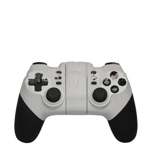 White and black mobile game controller with a central phone mount, D-pad, dual joysticks, and action buttons.