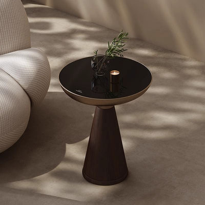 Mesa Auxiliar Redonda de Cristal Templado con Base de Madera Maciza - Diseño Moderno Lujo - Image 4