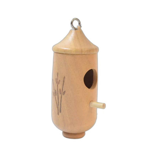 Light brown wooden birdhouse with a conical roof, circular entrance, perch, and etched branch design, hanging hook. - Image 3
