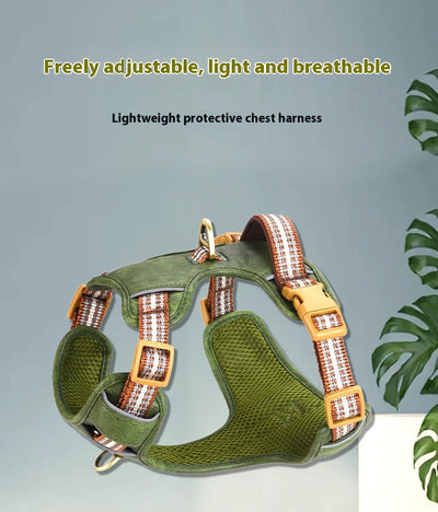 Brown leather pet harness with reflective stripes, adjustable tan buckles, and a gold D-ring on a white background. - Image 19