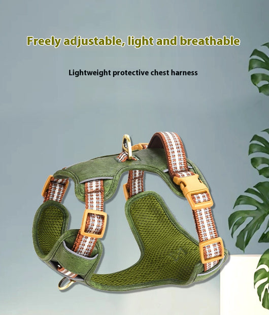 Brown leather pet harness with reflective stripes, adjustable tan buckles, and a gold D-ring on a white background. - Image 19
