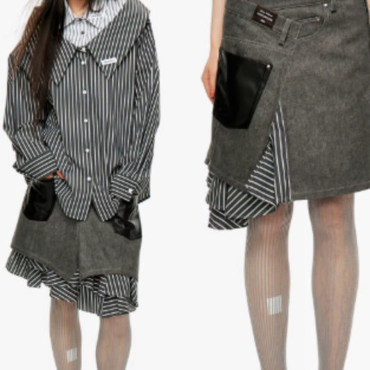Falda Midi Twill con Flecos y Detalles Combinados