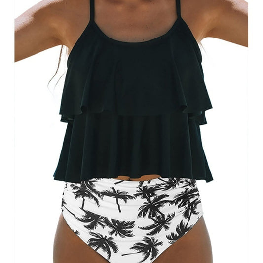 Black two-piece bikini swimsuit with a ruffled tankini top and high-waisted ruched bottoms.