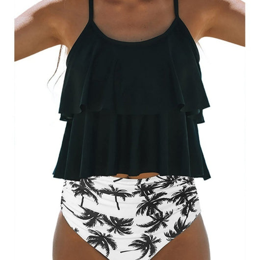 Black two-piece bikini swimsuit with a ruffled tankini top and high-waisted ruched bottoms.