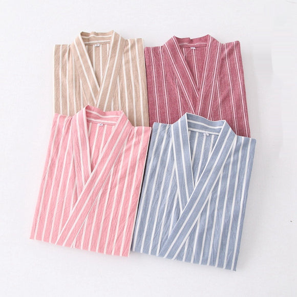 Pijama de Algodón Rayado para Pareja - Conjunto Kimono Japonés Cómodo