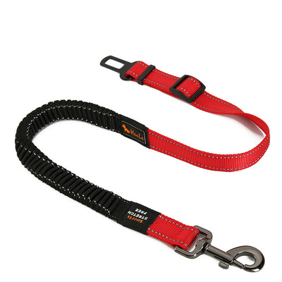Red pet seat belt with reflective stitching, featuring a metal swivel clip and a black car seat belt buckle. - Image 3