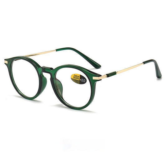 Dark purple round-frame anti-blue light reading glasses with silver-colored temples on a white background. - Image 4