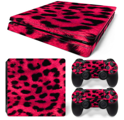 Hot pink and black leopard print skin set for PS4 Slim console and two controllers.