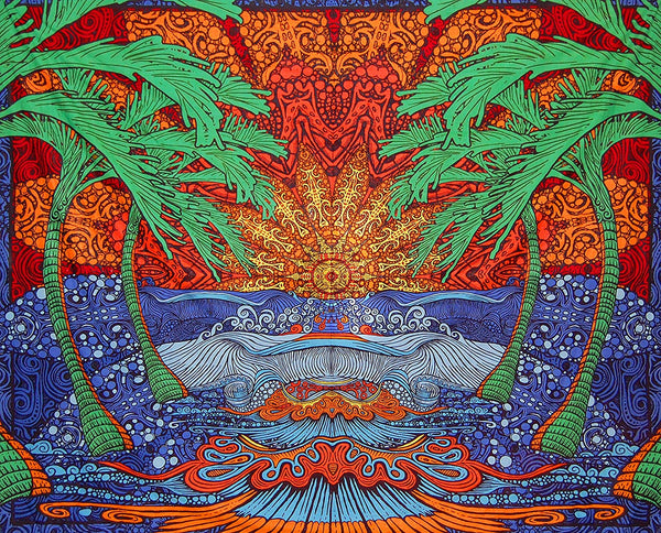 Vibrant psychedelic tapestry with palm trees, a radiant sun, and ocean waves in blue, orange, red, and green.