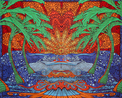 Vibrant psychedelic tapestry with palm trees, a radiant sun, and ocean waves in blue, orange, red, and green.