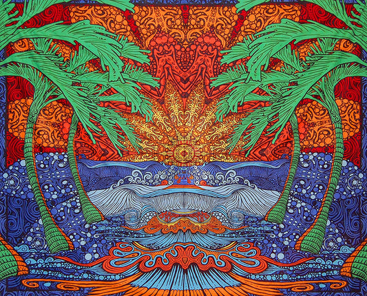 Vibrant psychedelic tapestry with palm trees, a radiant sun, and ocean waves in blue, orange, red, and green.