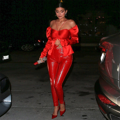 Conjunto Rojo Asimétrico de Dos Piezas con Manga Larga