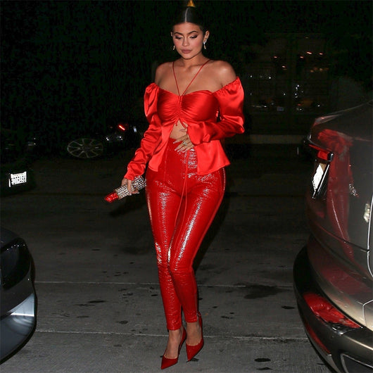 Conjunto Rojo Asimétrico de Dos Piezas con Manga Larga