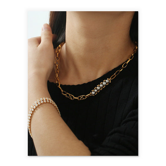Collar de Perla Dorado en Oro Real con Baño de Vacío - Diseño Europeo para Clavícula - Image 5