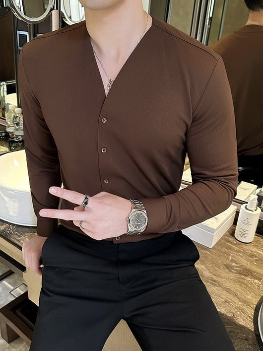 Camisa de Cuello V Manga Larga con Textura Waffle para Hombre - Image 5
