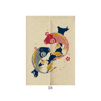 Japanese style noren door curtain with two red and blue Ukiyo-e koi fish on a cream wave pattern background. - Image 5