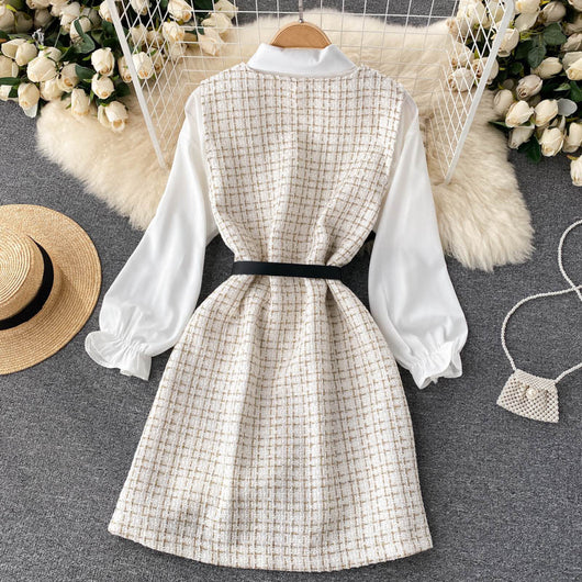 Vestido Houndstooth con Tirantes y Mangas Puff - Image 4