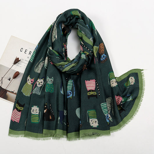 Bufanda Larga de Otoño e Invierno con Gato Cartoon - Poliéster Suave para Mujer - Image 7