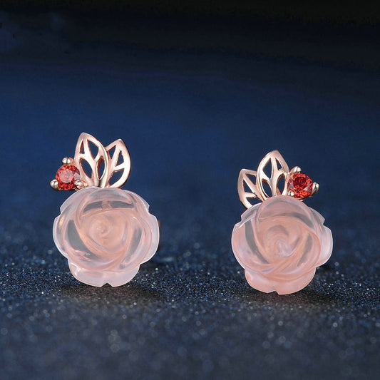 Aretes de Plata 925 Rosa con Cristal Rosa - Diseño Floral Elegante