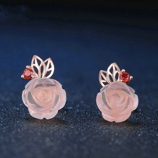 Aretes de Plata 925 Rosa con Cristal Rosa - Diseño Floral Elegante