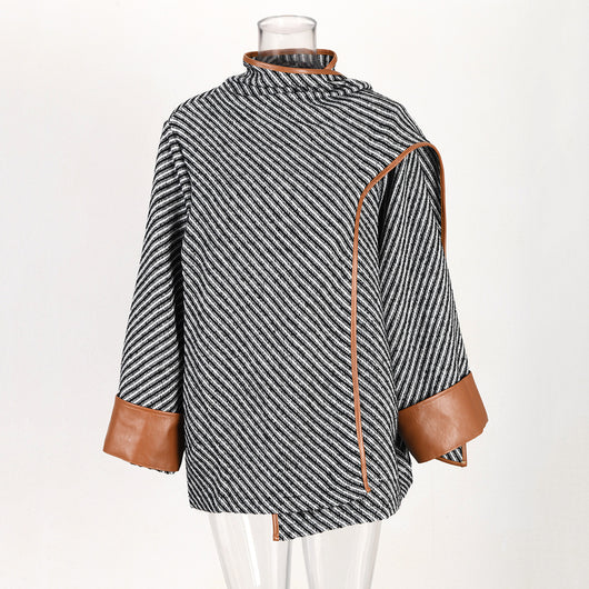 Abrigo de Lana Rayado con Cuello Maillard para Otoño e Invierno - Image 7