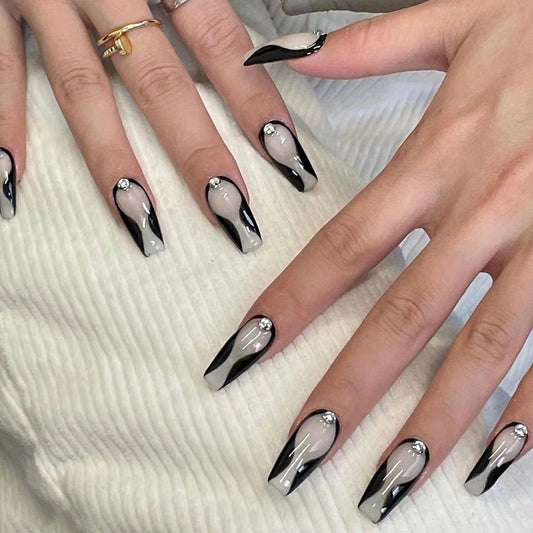 Parches de Uñas con Rhinestones Línea Negra - Manicura Adhesiva Premium