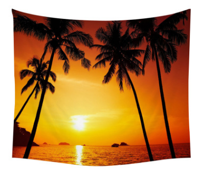 Tapestry featuring a vibrant orange and yellow sunset over the ocean with silhouetted palm trees on either side.