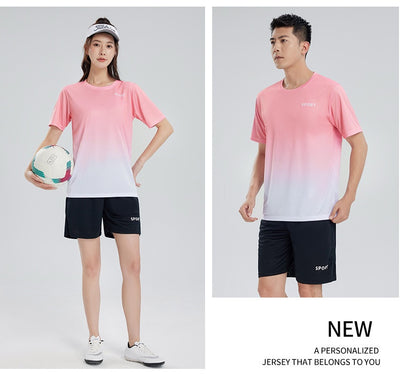 Purple and white gradient short-sleeve t-shirt with 'SPORT' text and black athletic shorts for women. - Image 28