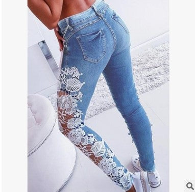 Jeans con Encaje y Volantes Calados Europeos y Americanos
