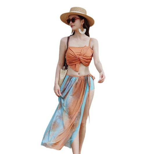 Men's or unisex swim shorts with a blue, orange, and brown abstract tie-dye print, featuring a drawstring waist and side pockets. - Image 11