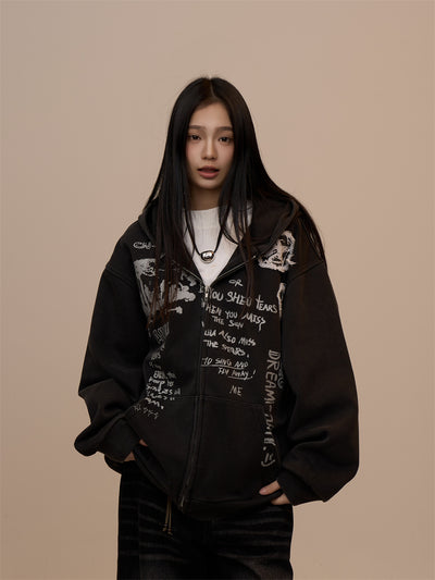 Sudadera Mujer con Capucha y Cierre - Estampado de Letras Negro - Image 24
