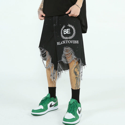 Pantalones Cortos Denim Rotos Hombre Estilo Urbano Pierna Ancha
