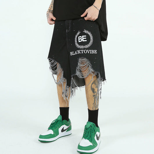 Pantalones Cortos Denim Rotos Hombre Estilo Urbano Pierna Ancha