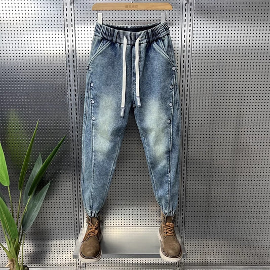 Pantalones Vaqueros Hombre Vintage Lavado con Detalles de Botones y Corte Entallado
