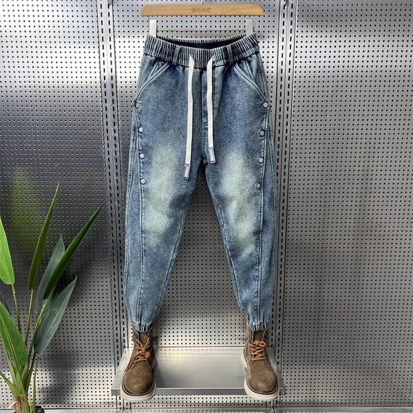 Pantalones Vaqueros Hombre Vintage Lavado con Detalles de Botones y Corte Entallado