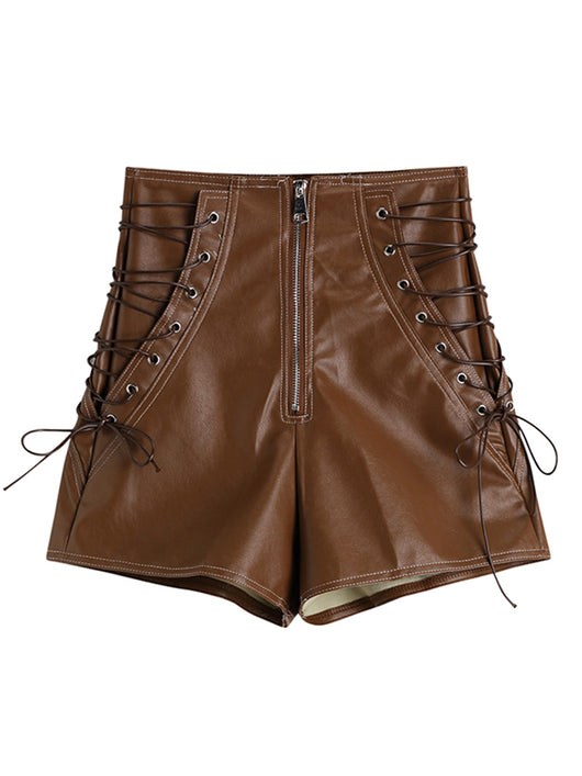Shorts de Cuero PU Cintura Alta con Cordones Retro - Image 8