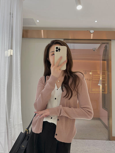 Cardigan Tejido Falsa Dos Piezas Mujer Cuello V Manga Larga - Image 15
