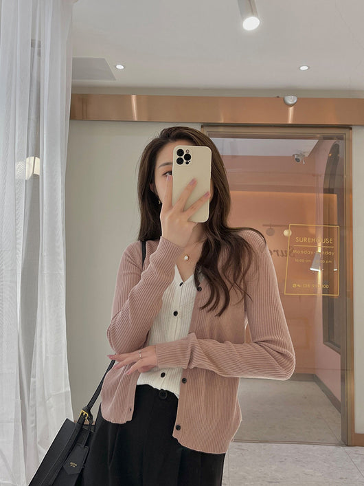 Cardigan Tejido Falsa Dos Piezas Mujer Cuello V Manga Larga - Image 15