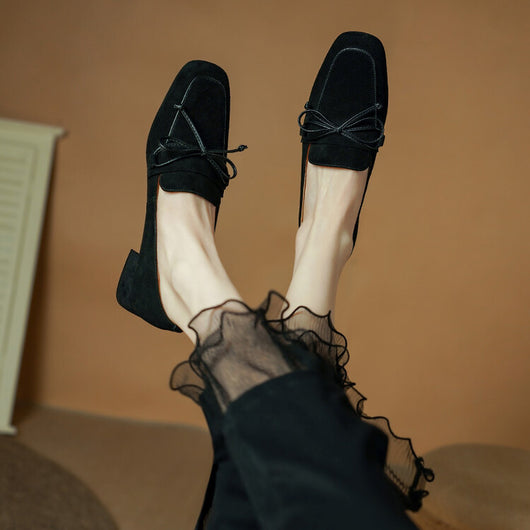 Zapatos de Tacón Grueso con Punta Cuadrada y Moño - Comodidad Premium en Cuero Dividido - Image 2