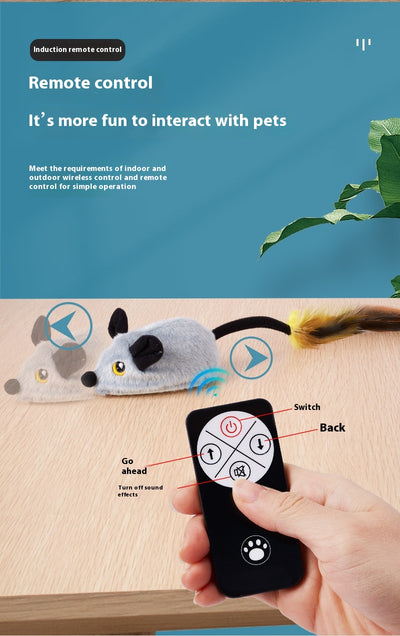 Yellow remote control electric plush mouse cat toy with a black remote and white USB charging cable. - Image 16