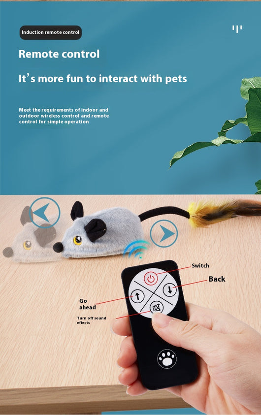 Yellow remote control electric plush mouse cat toy with a black remote and white USB charging cable. - Image 16