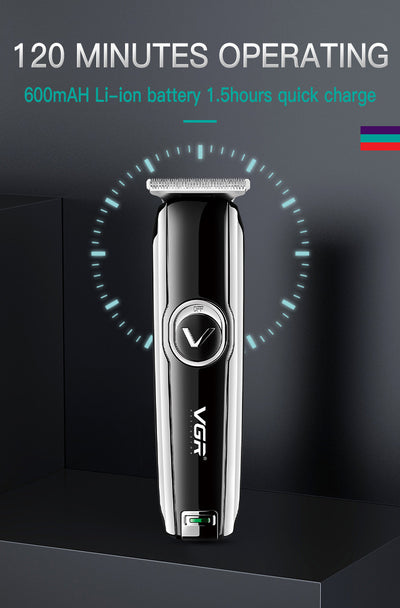 Black VGR rechargeable hair trimmer with silver blade, USB charging cable, cleaning brush, oil, and three guide combs (1mm, 2mm, 3mm). - Image 8
