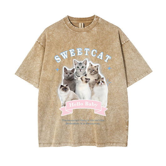 Camiseta Estampado Gatito Efecto Desgastado Manga Corta para Hombre - Image 13