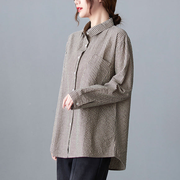 Camisa Vintage Suelta a Rayas para Mujer de Manga Larga